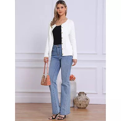 Cardigan Sweater for Women's Crew Neck Button Down Long Sleeve Casual Knit Tops